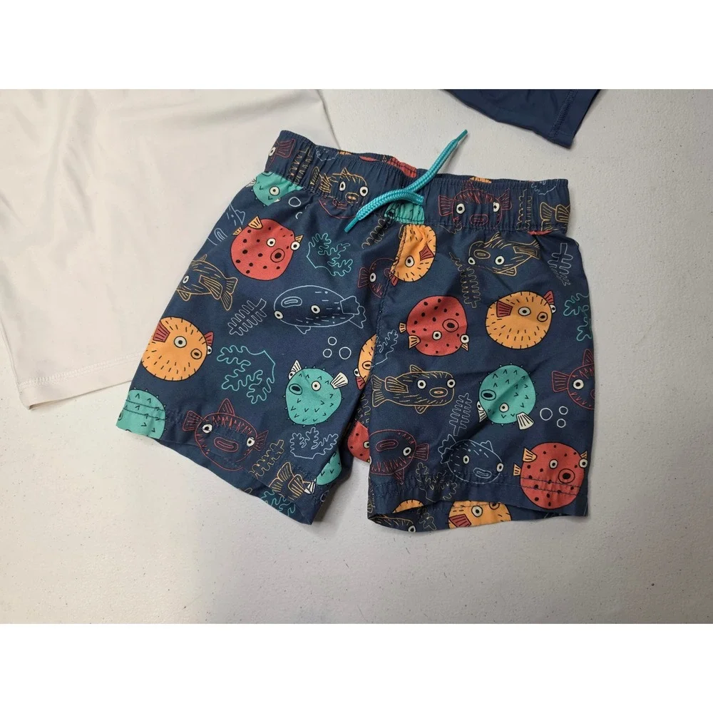Old Navy Toddler Boys Puffer Fish Rash Guard and Swim Trunks Set Navy White 2T